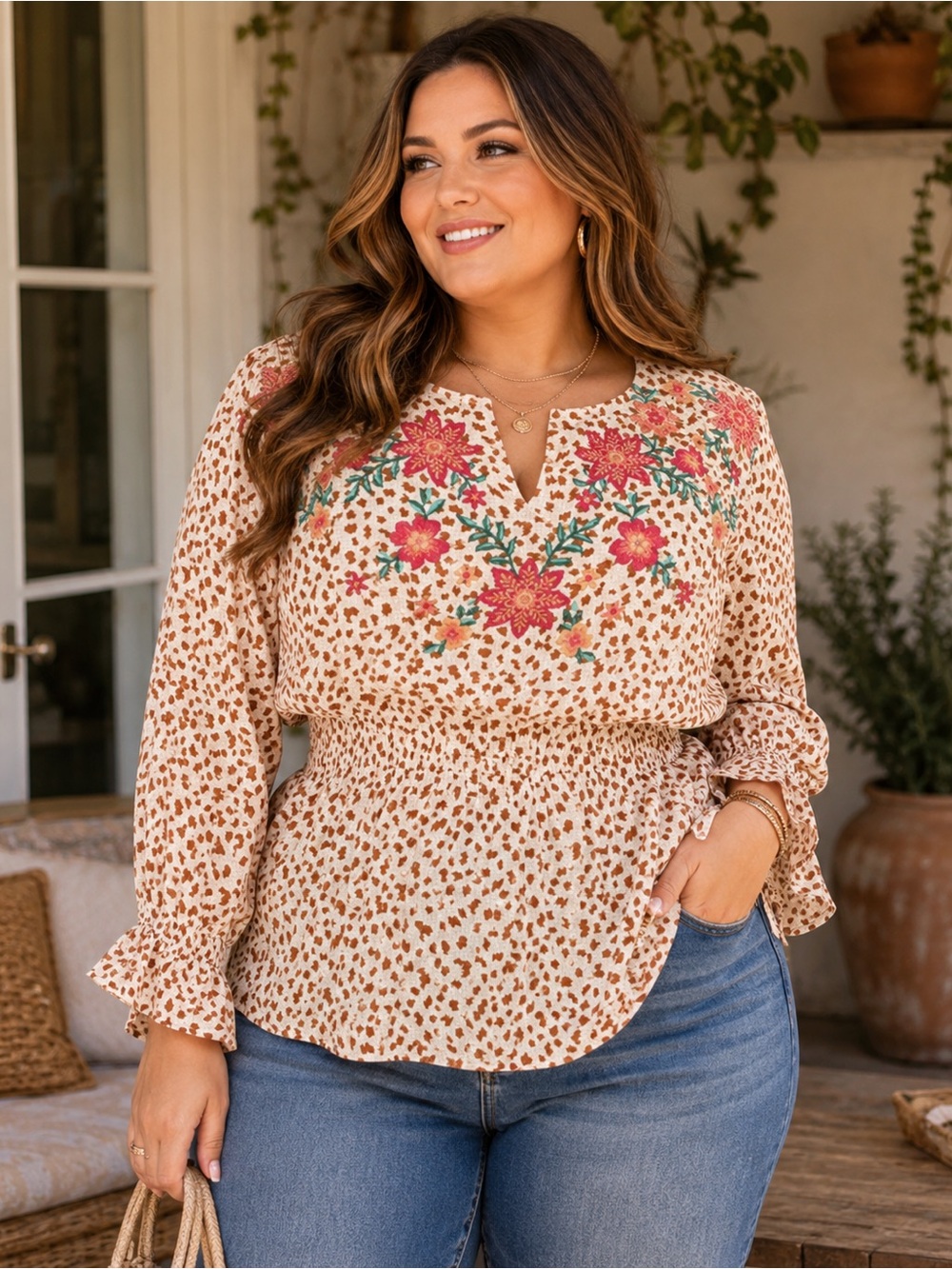 NWT Savanna Jane Plus Size 1X Embroidered Boho Peplum Top | Cottage core